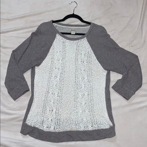 Lucky Brand Long Gray and White Crochet Sweater